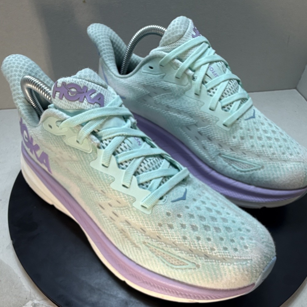 HOKA ONE ONE Clifton 9 Mint Green Purple White Low Top Running Shoes Wide